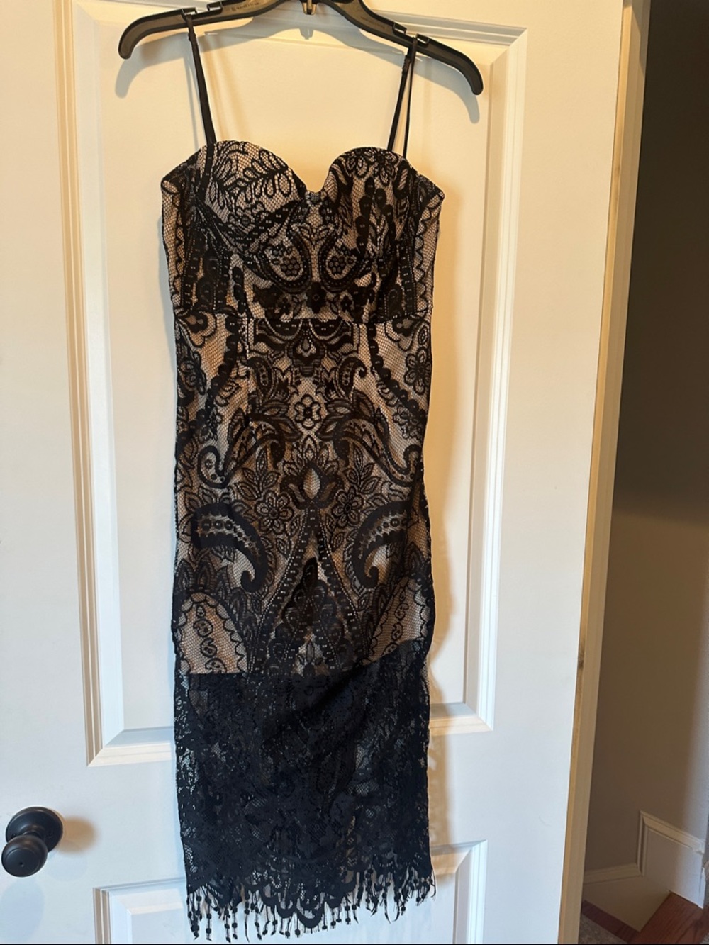 Strapless Black Lace Overlay Midi Dress - Black